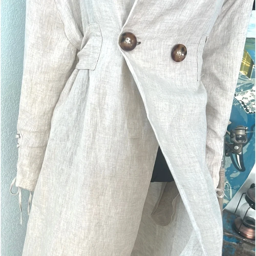 NWT, Fanco 100% Linen Beige Trench Dress Belted Lace-Up Cuff NWT Size S - Picture 7 of 16